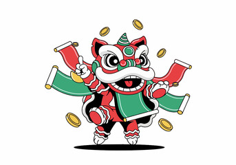 A vibrant lion dance character in traditional red and green costume holding scrolls with gold coins floating around on a white background.