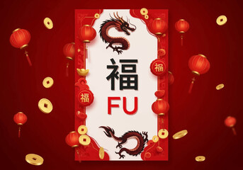 Chinese New Year decoration with dragon, lanterns, and 'FU' symbol on red background for Valentine's Day or love celebration