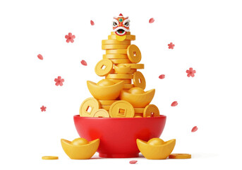 A vibrant red bowl overflowing with gold coins and surrounded by floating red flowers and petals on a white background, symbolizing love and prosperity on Valentine's