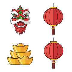 Flat lay of a Chinese lion dance head, gold bars, and red lanterns on a white background, conveying a festive and celebratory mood.