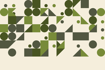 Modern geometric mosaic design featuring abstract green and grey shapes on light background