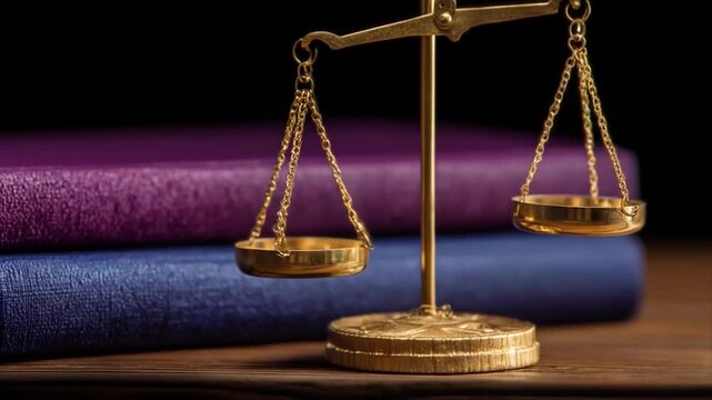 Golden justice scale with law books on dark background