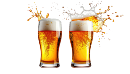 Two full beer glasses with splash and foam against black background