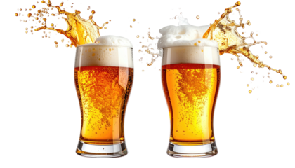 Two tall beer glasses, overflowing with foam and liquid splashing outwards