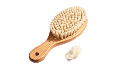 Oval wooden brush with light bristles, fuzz rests nearby, on black