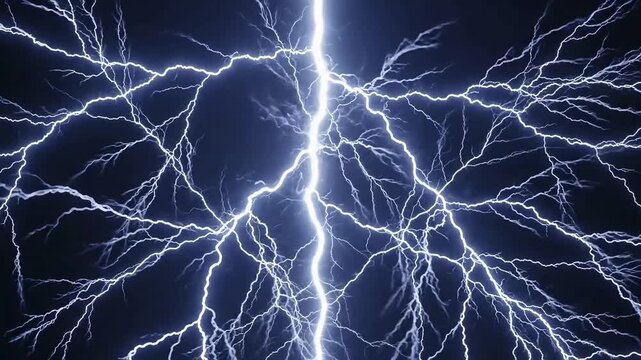 Intense bright blue and white lightning strikes crackle across a dark night sky in a powerful electrical storm