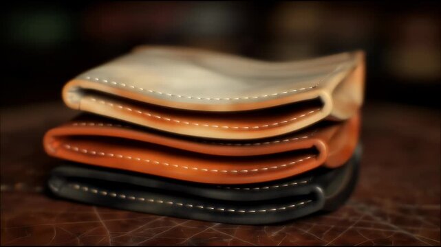 Stack of three handcrafted leather wallets in different colors.