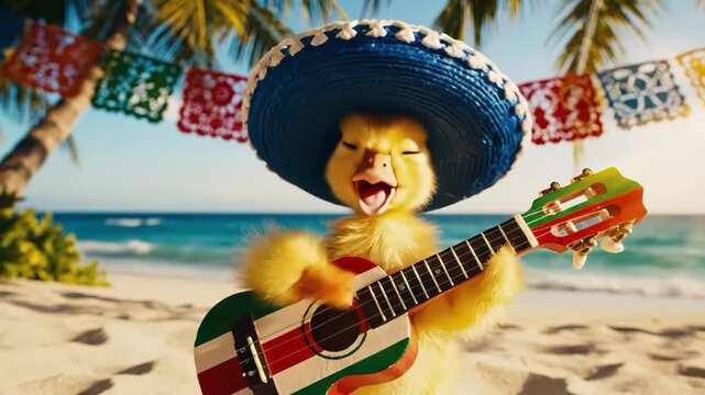 Cute duckling playing guitar on tropical beach wearing sombrero