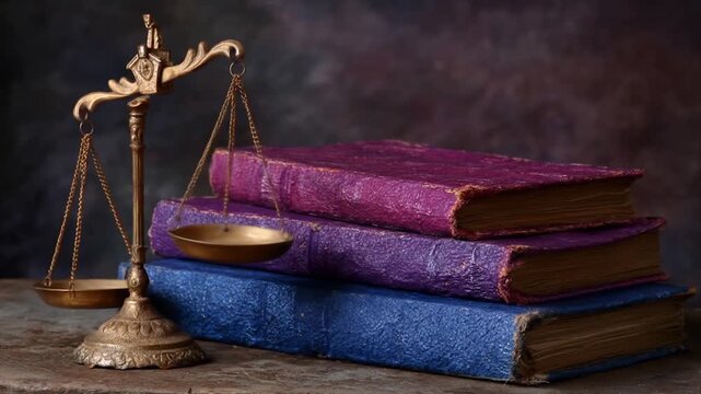 Golden scales balancing over stack of old books in dim lighting