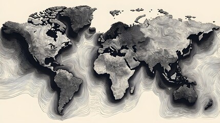 Artistic World Map Depicting Continents and Oceans in a Textured Style.