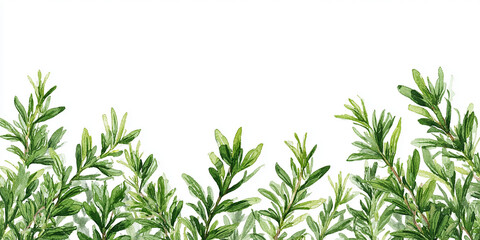 Fototapeta premium Hand-painted watercolor rosemary sprigs forming a delicate top border frame on white background, cozy winter Christmas herb illustration.