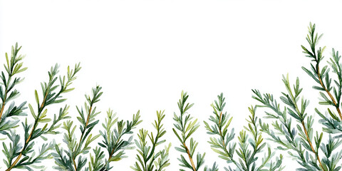 Fototapeta premium Hand-painted watercolor rosemary sprigs forming a delicate top border frame on white background, cozy winter Christmas herb illustration.