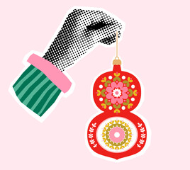 Hand holding a vintage Christmas ornament vector collage, Holiday halftone design for invitations and package design