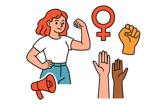 Feminist icons and woman showing strength