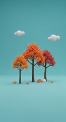 Stylized autumnal landscape with vibrant trees and fluffy clouds on azure backdrop