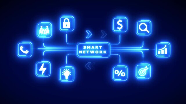 Diagram of a smart network with connected icons for communication finance and efficiency on a dark blue background Keywords: smart network technology diagram connection network icons communication