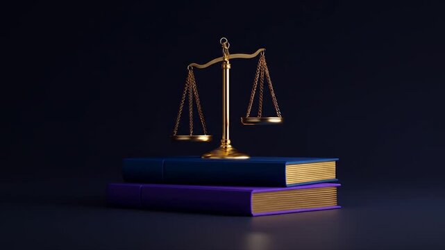 Golden scales of justice on law books with dark background