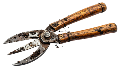 Well-used garden shears with wooden handles, sitting on a dark background