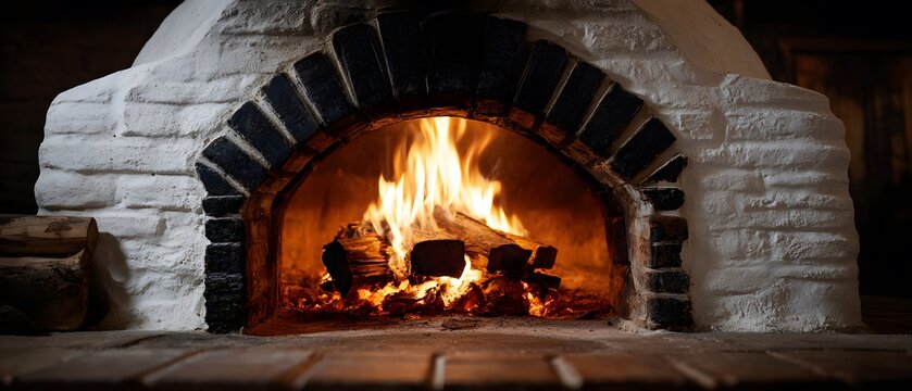 Rustic white brick pizza oven features a roaring fire burning wood logs inside with a warm glow and traditional cooking architectural details.