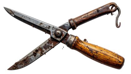 Old, rusty garden shears crossed against a black background