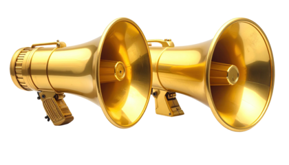 Two shiny golden megaphones, set against a stark black background