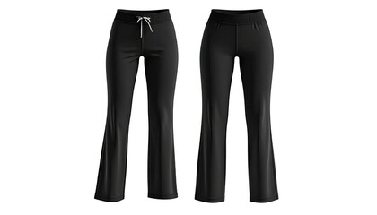 Two black yoga pants shown from the front on a dark backdrop