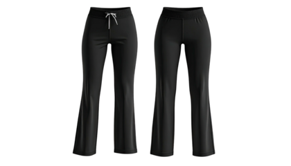 Two black yoga pants shown from the front on a dark backdrop