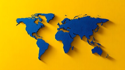 Blue World Map Silhouette on a Bright Yellow Background - A Colorful and Artistic Representation.