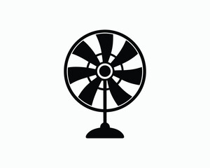 Obraz premium Black silhouette of a circular electric fan with visible blades on a stand appliance object