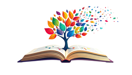 Open book with a tree growing out, rainbow leaves, black background