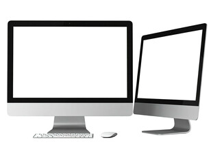 Two silver desktop computers with blank screens on a transparent background