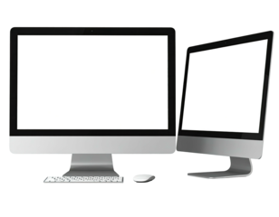 Two silver desktop computers with blank screens on a transparent background