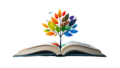 An open book sprouting a tree with colorful leaves against black