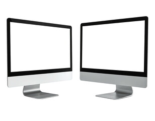 Two modern, silver-toned computer displays with bright white screens