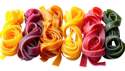 Colorful ribbons of pasta in a row against a black backdrop