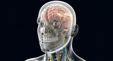 Intricate 3D Digital Model of the Human Brain and Nervous System, Showcasing Detailed Anatomy and Skull Structure