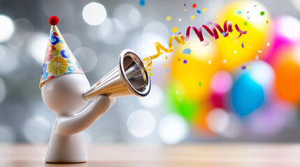 Close-up of little figure wearing party hat faceless, blowing on party horn, joyful excited expression, bright colorful party backdrop defocused, celebration energy, with copy spac