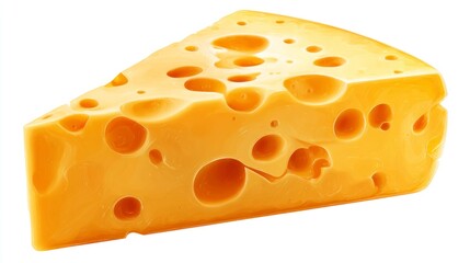 Close up of a swiss cheese wedge with holes isolated on a white background