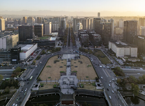 Aerial view of the modern city blending with the ancient architecture, a testament to time, Xi'An, Shaanxi, China.
