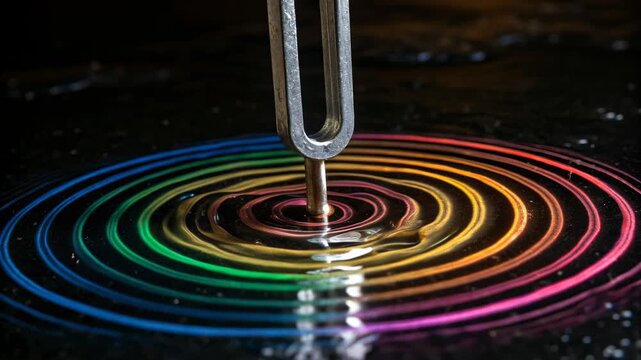 Tuning fork creating concentric circle rainbow ripples liquid wave surface with reflective vibration and colorful wave pattern evoking calm