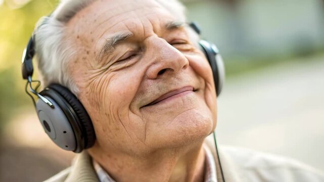 Elderly man headphones music listening relaxation outdoor senior portrait smiling peacefully with closed eyes enjoying pleasant peaceful moment