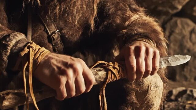 Closeup of prehistoric hands crafting a stone tool with leather bindings