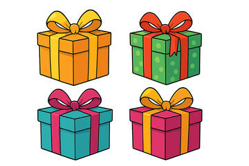 Four Cartoon Gift Boxes with Ribbons on a Dark Gradient Background