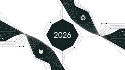 Futuristic Infographic Template with Hexagonal Shapes and Icons for 2026 Planning and Sustainability Isolated on Transparent Background