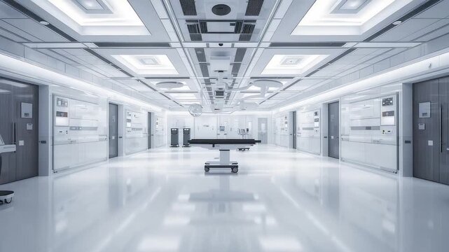 Sterile white laboratory corridor with bright LED ceiling lights glossy floors multiple doors central table modern research facility