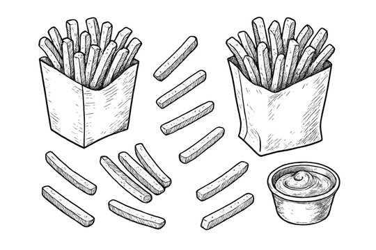 Hand-drawn French Fries and Dipping Sauce