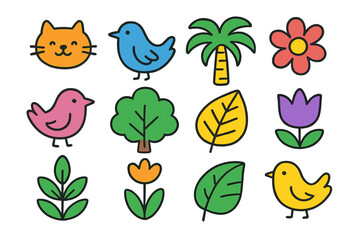 Fototapeta premium Cute Cartoon Animals and Nature Icons with Glowing Outline