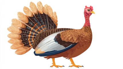 Colorful illustration of a wild turkey displaying vibrant plumage isolated