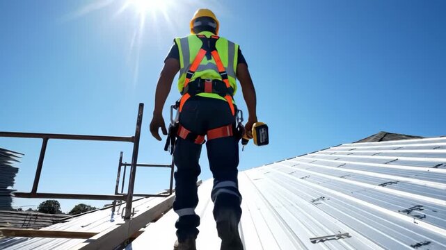 Construction worker in safety gear walking on a roof under bright sun