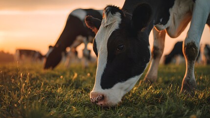 Close-up of a black and white cow grazing on green grass during sunset in a field.